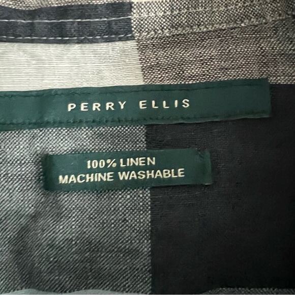 Perry Ellis Linen Blue Plaid Short Sleeve Button Down Shirt- Size M - Picture 7 of 10